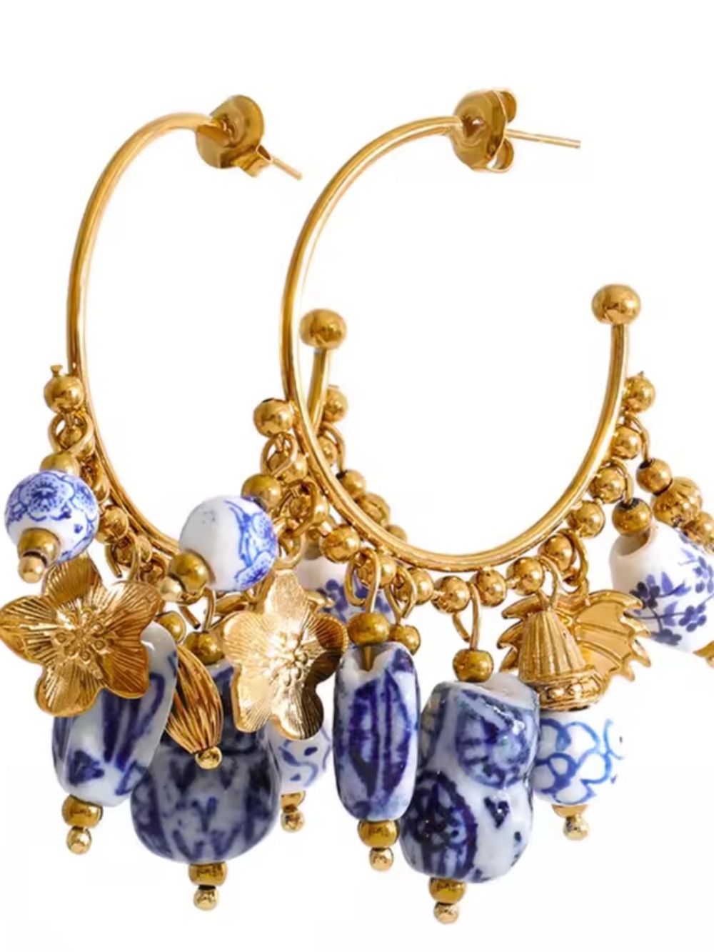 Gold Hoop Earrings with Blue and White Ceramic Beads